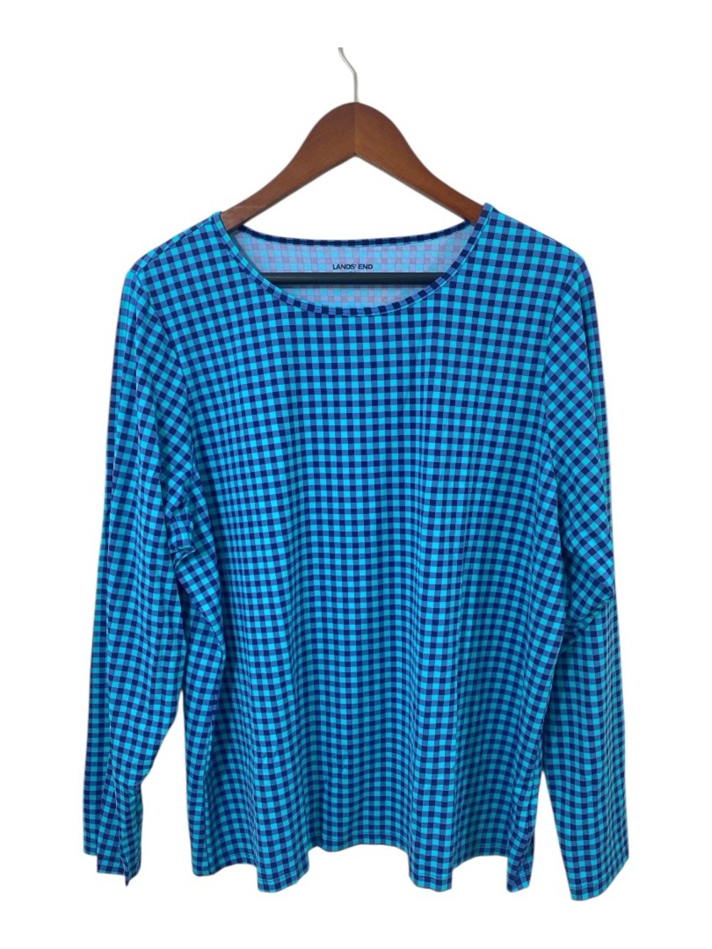 Lands End Rash Guard Athletic Swim Shirt Sz 2X Long Blue Gingham Swim Tee UPF 50